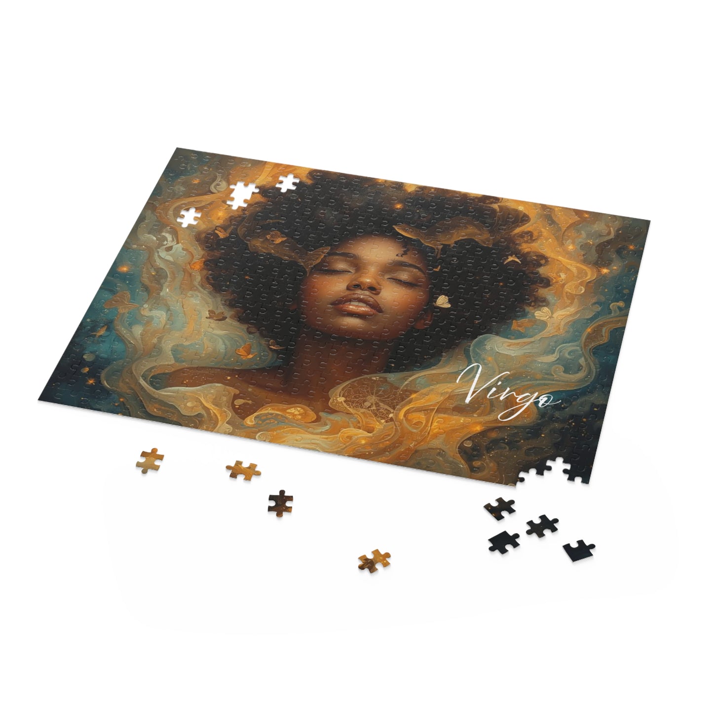 Jigsaw puzzle with a design of a woman's face and the word 'Virgo' on a white background