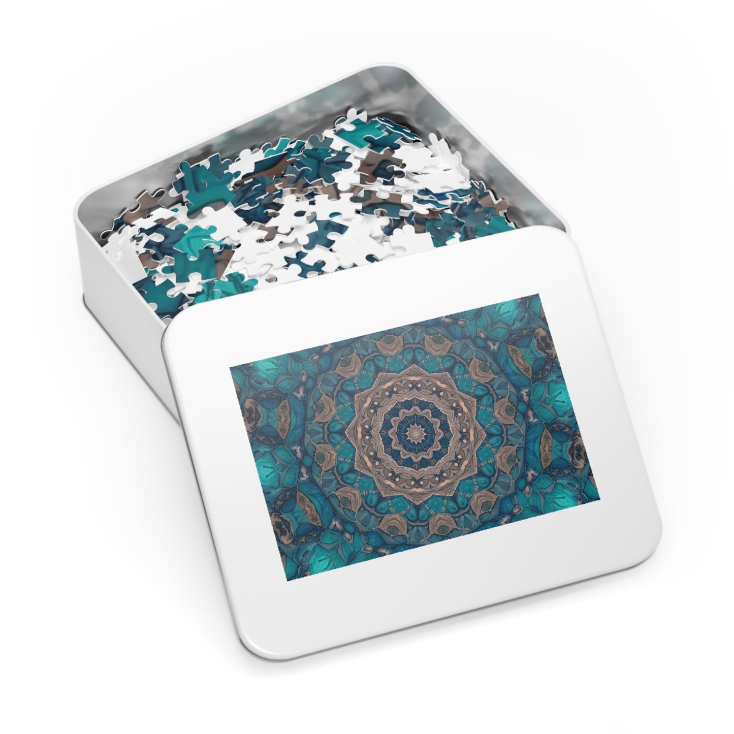 Jigsaw puzzle in a tin with a mandala design on a white background