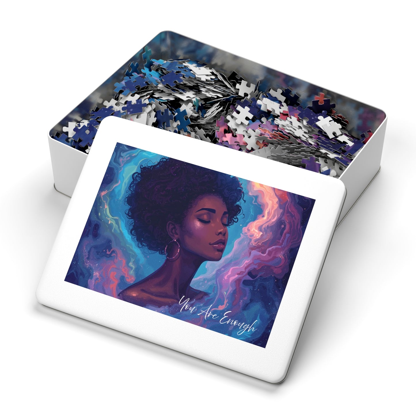 Jigsaw puzzle with a box featuring an artistic depiction of a woman's face and the text 'You Are Enough'.