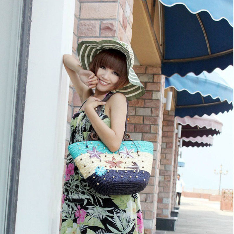 Women's Starfish Vintage Beach Straw Tote Bag
