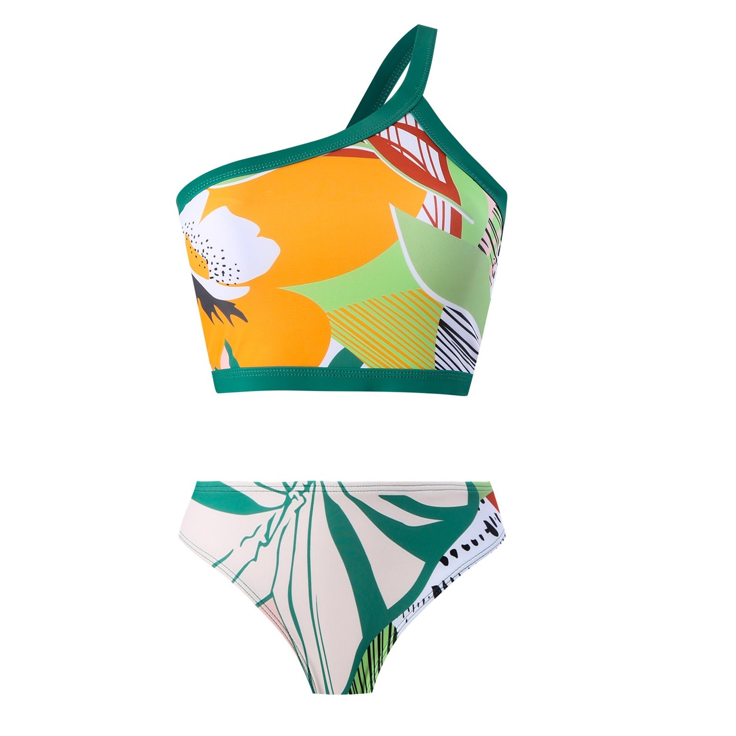Tropical print fabric one-shoulder bikini