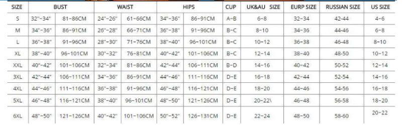 Size chart for clothing with measurements in various units
