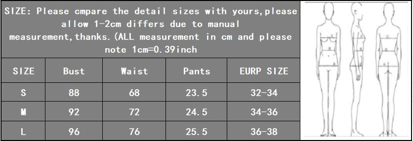 Size chart with measurements for bust, waist, and pants, along with a body figure illustration.