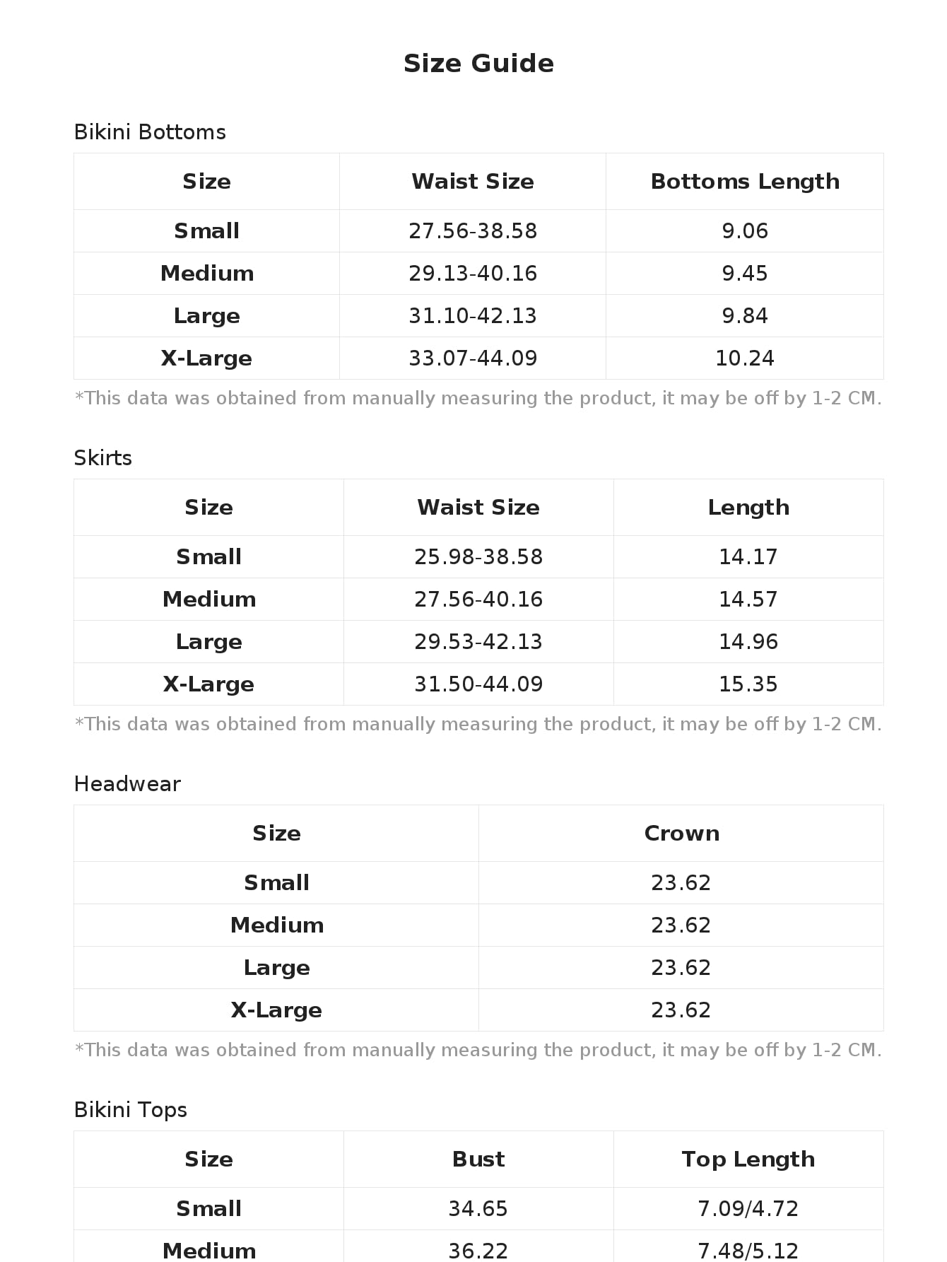 Size guide for bikini bottoms, skirts, and headwear with waist and length measurements.