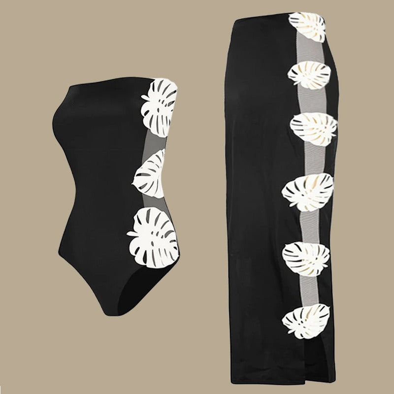Flirty Black and White Strapless Leaf Patchwork Swimsuit Set