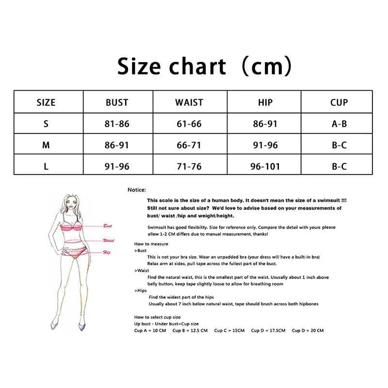 Size chart in centimeters for swimsuits with measurements in bust, waist, hip, and cup sizes.