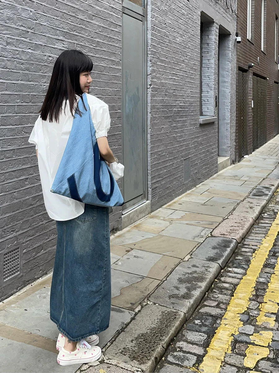 Women's Portable Tote Denim Bag Fashion Large Tote Shoulder Handbag