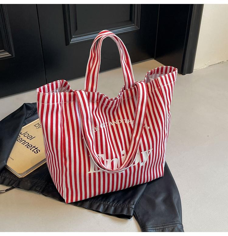 Women's Colorful Red Stripe Canvas Tote Bag Large Capacity Shoulder Tote Handbag