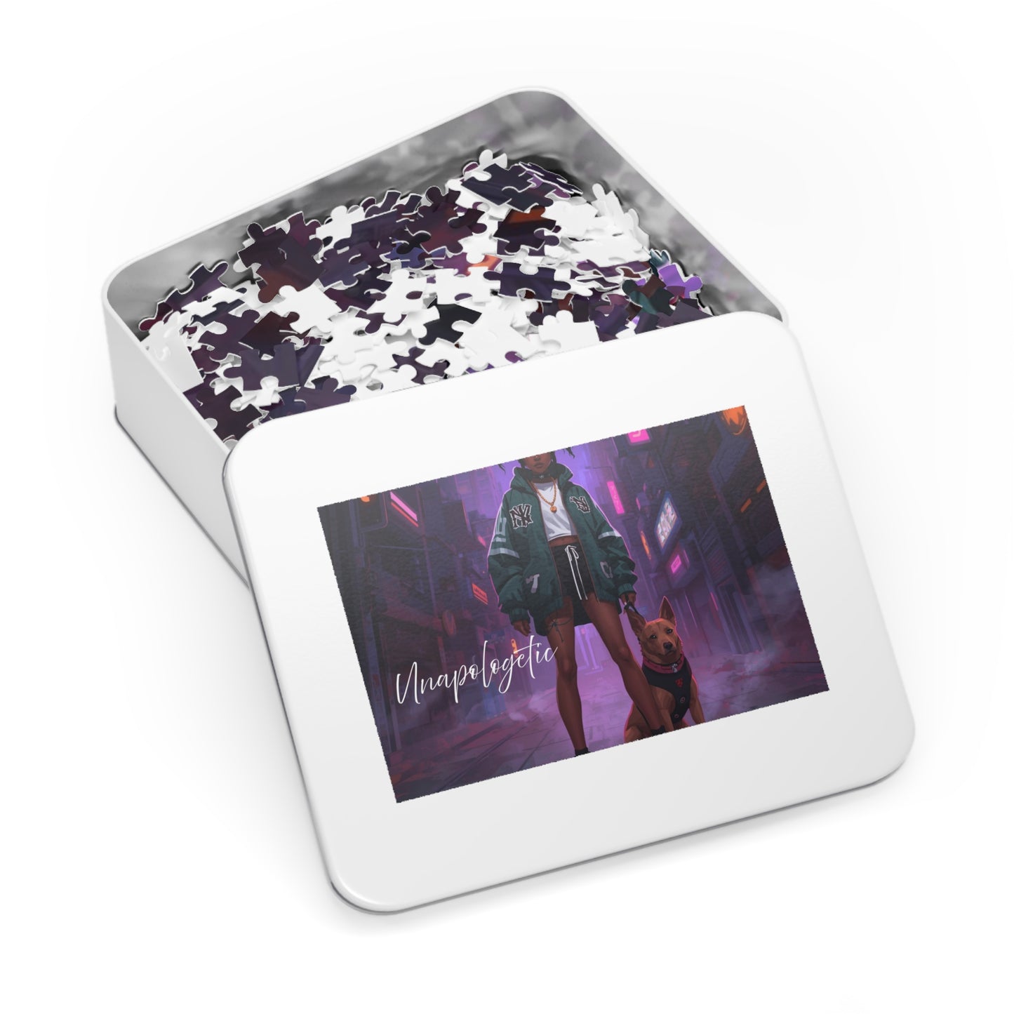 Jigsaw puzzle in a tin with a colorful design on the lid