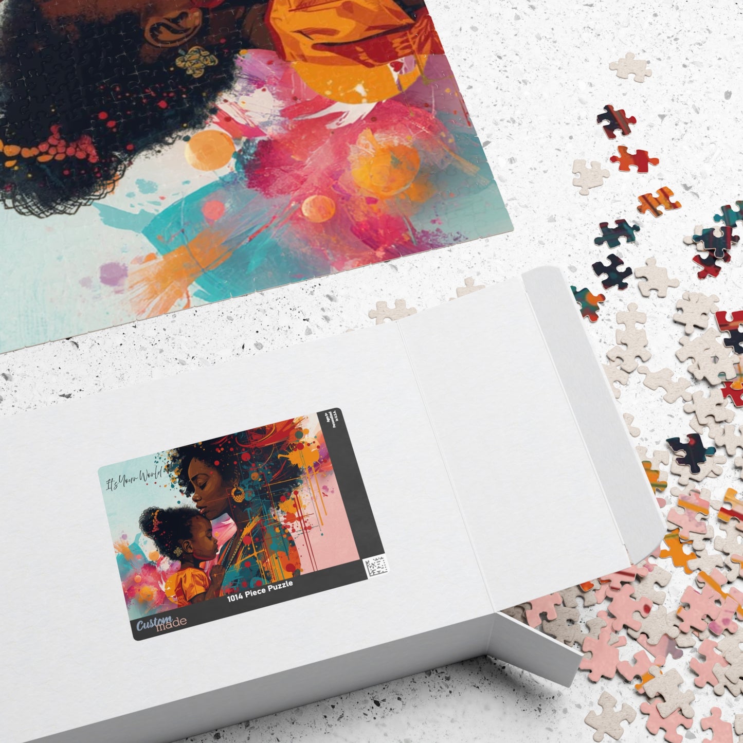 Puzzle with colorful artwork and missing pieces on a white surface