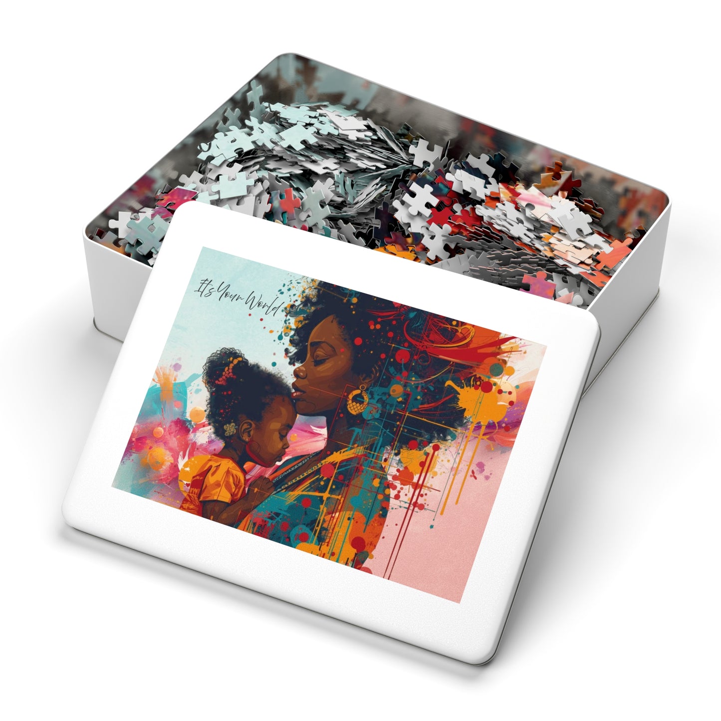 Jigsaw puzzle set with a colorful design of a woman and child on the cover