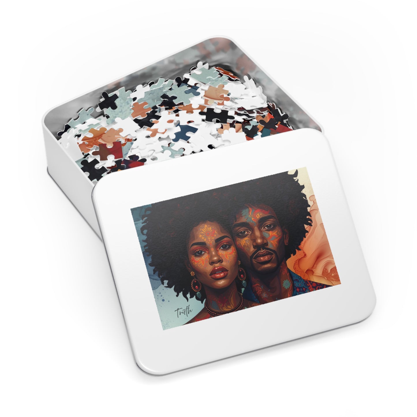 Jigsaw puzzle in a tin box with a colorful image of two people on the lid