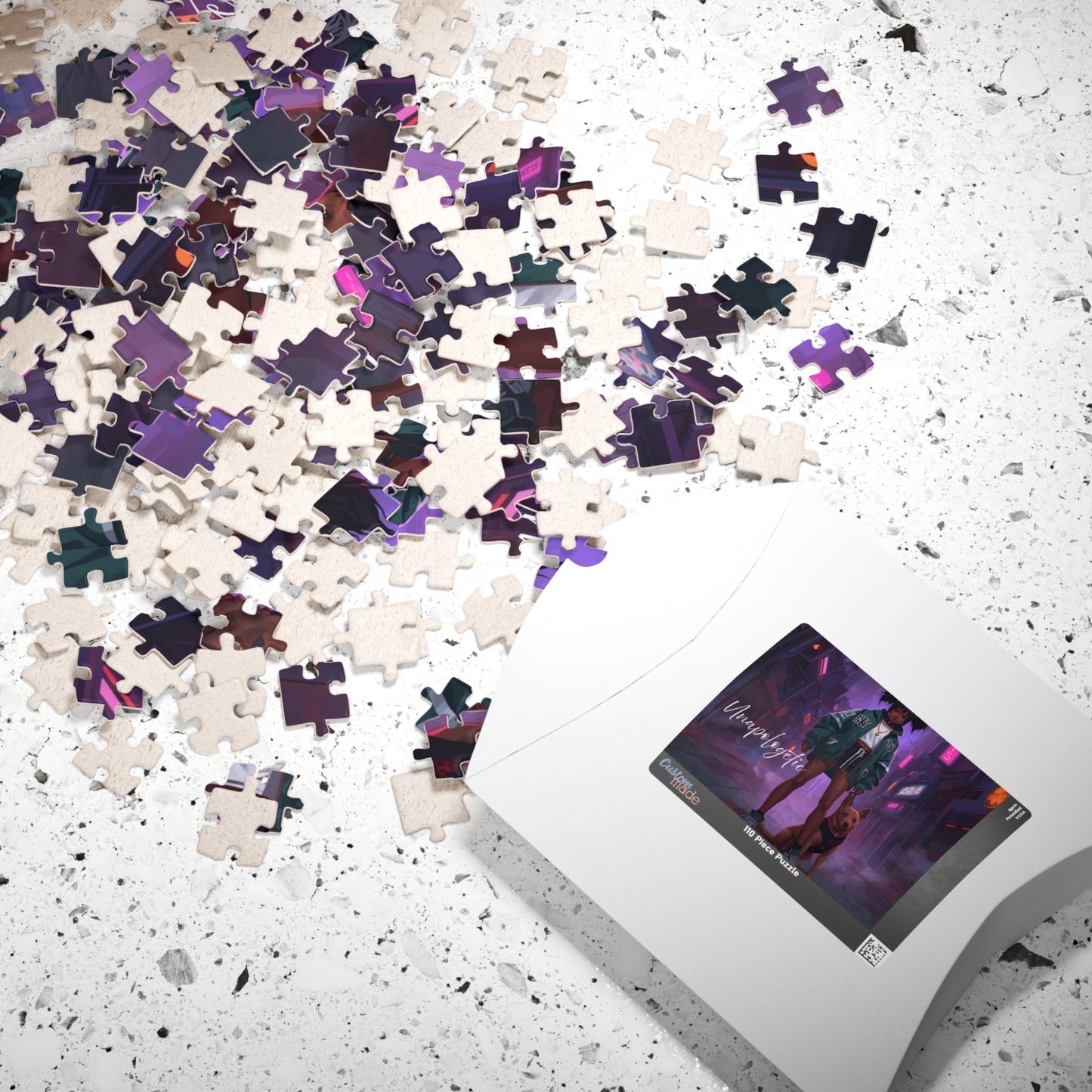 Jigsaw puzzle pieces scattered on a surface with a completed puzzle showing a couple embracing.