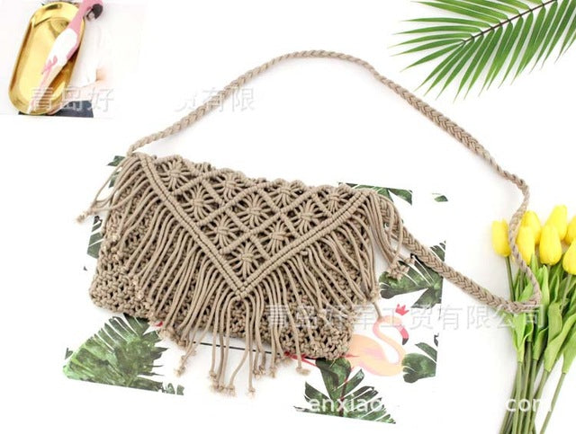 Woven handbag against a white background