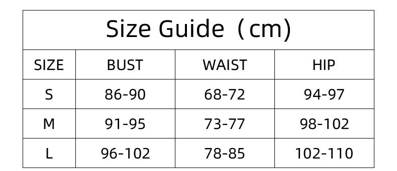 Size guide chart for clothing measurements in centimeters