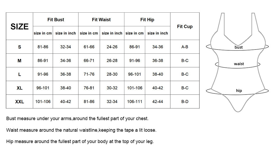 Size chart for a bodysuit with measurements in centimeters and inches.
