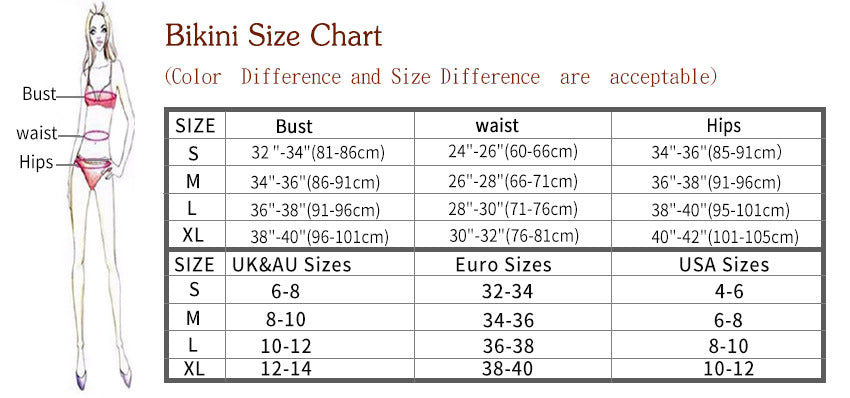 Bikini size chart with measurements for bust, waist, and hips in various sizes.