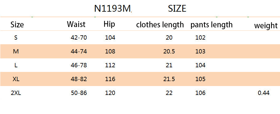 Size chart for clothing measurements with waist, hip, clothes length, pants length, and weight dimensions.