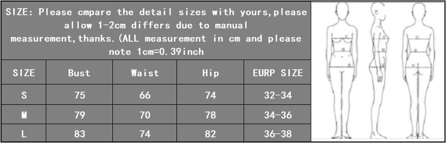 Size chart with measurements for bust, waist, and hip, and a body outline illustration.