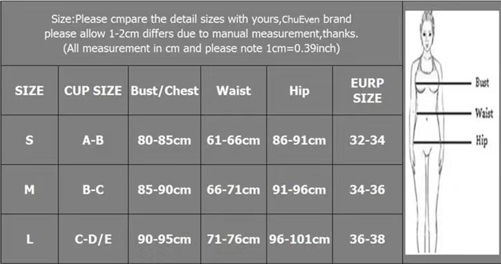 Size chart for clothing with measurements in centimeters and a diagram of a person.