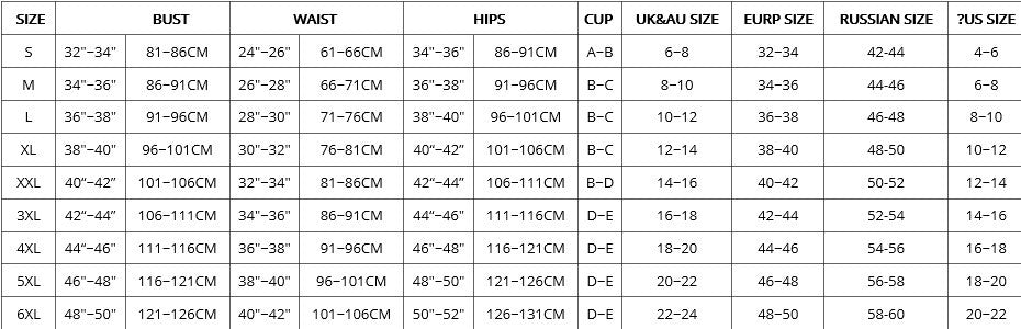 Size chart for women's clothing with measurements in various units.