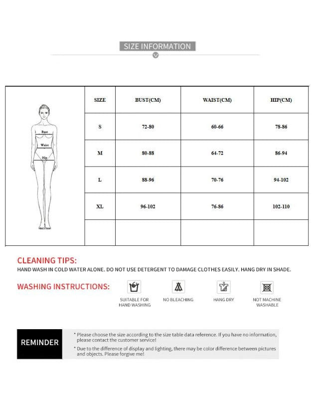 Size chart and cleaning instructions for clothing on a white background