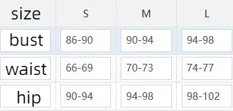 Size chart for bust, waist, and hip measurements with color-coded ranges.