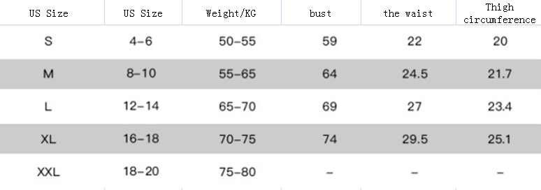 Size chart for clothing with US size, weight, bust, waist, and thigh circumference measurements.
