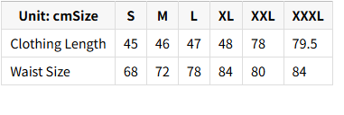 Table showing clothing size chart with length and waist measurements.