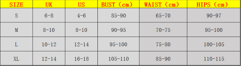 Size chart for clothing with measurements in UK, US, cm.