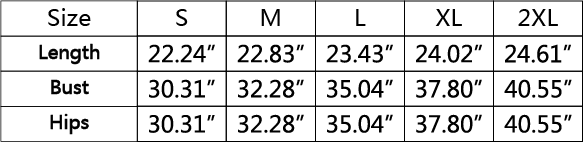 Table displaying clothing size chart with measurements for length, bust, and hips.