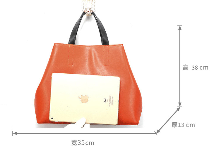 Orange handbag with dimensions labeled on a white background