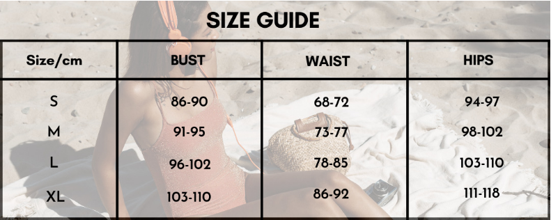Size guide chart for clothing with measurements in centimeters and inches.