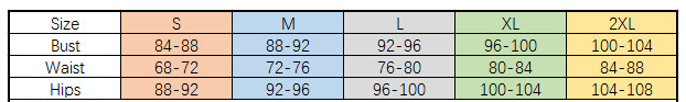 Size chart for clothing with measurements in inches
