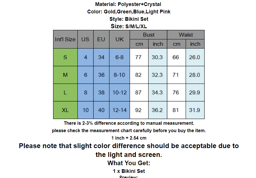 Measurement chart for a bikini set with size, bust, waist dimensions in both inches and centimeters.