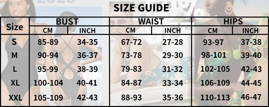 Size guide chart for clothing with measurements in centimeters and inches.