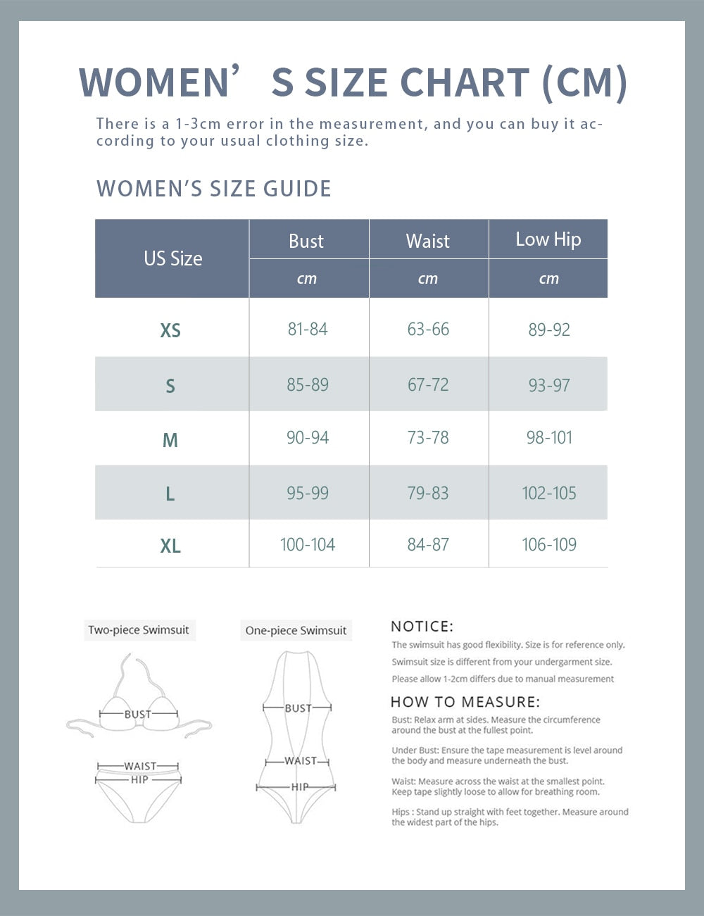 Women's size chart in centimeters for swimsuits on a white background