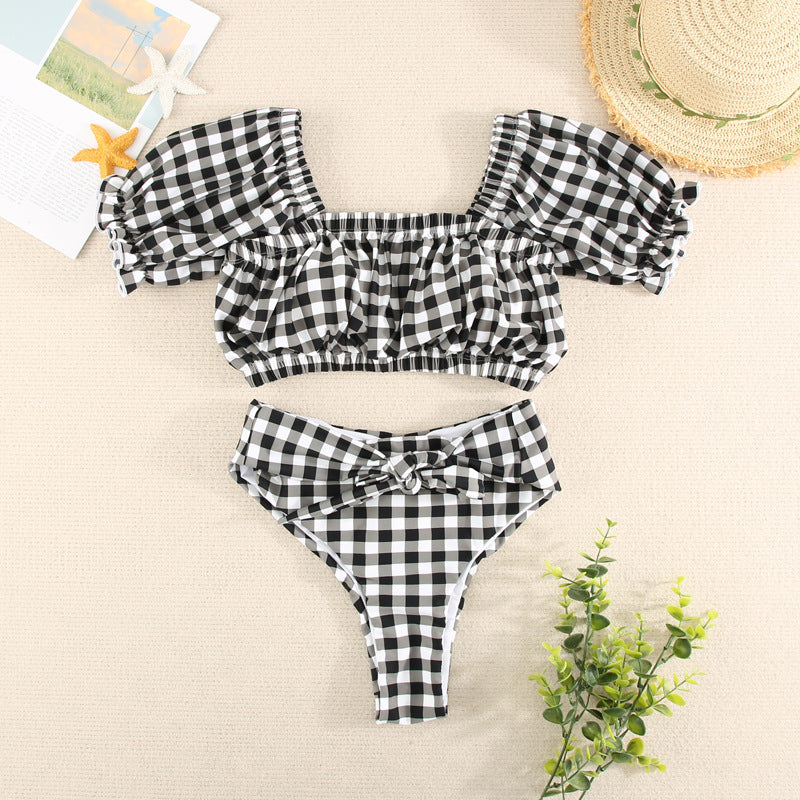 Women’s plaid swim set: short‑sleeve cropped top and high‑rise bikini bottoms