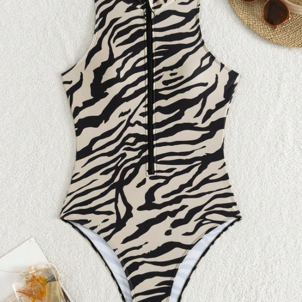 Striped Zebra Print One-Piece Swimsuit