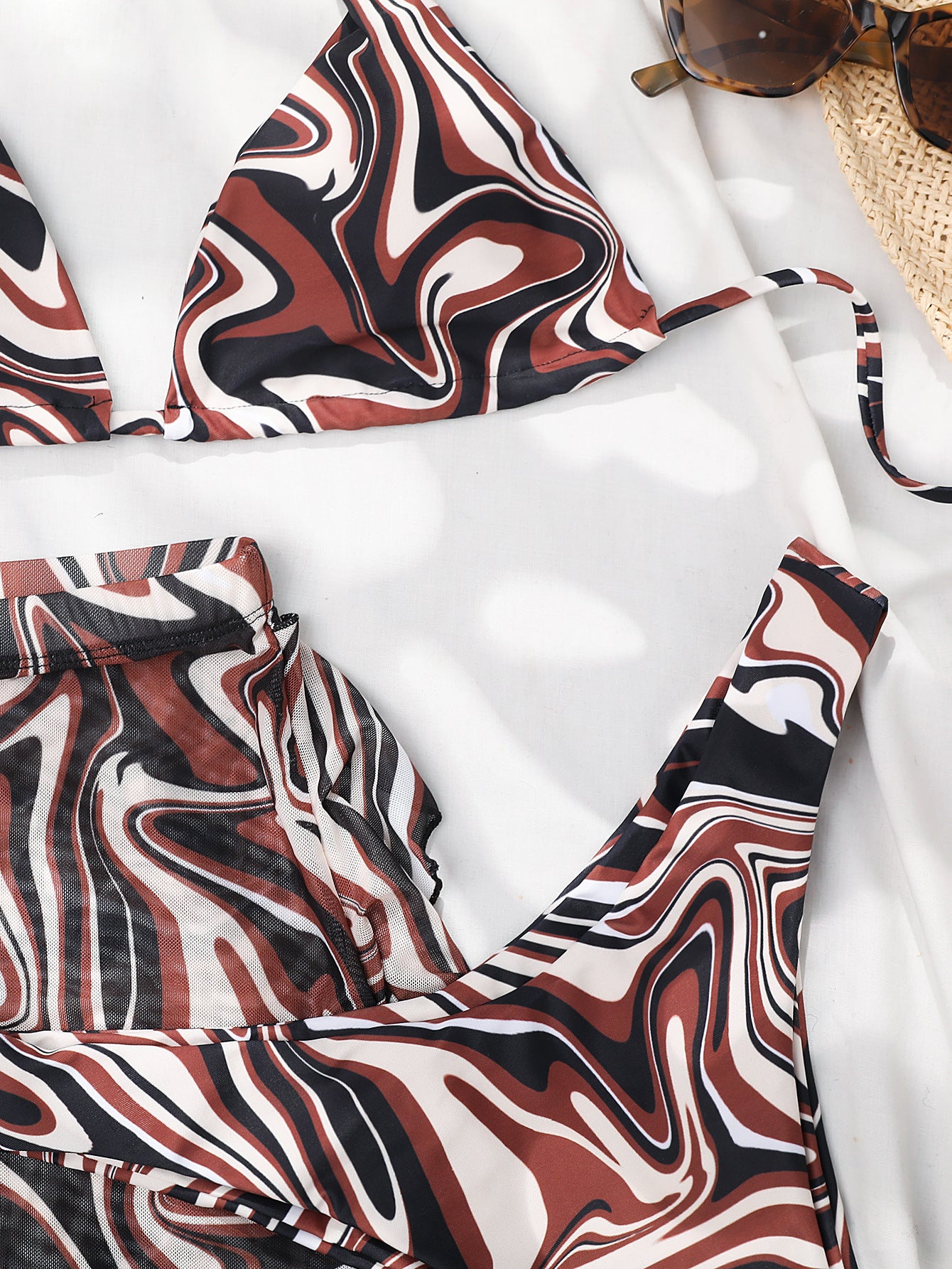 Rotary Print Three Piece Bikini Swimsuit and Cover-Up