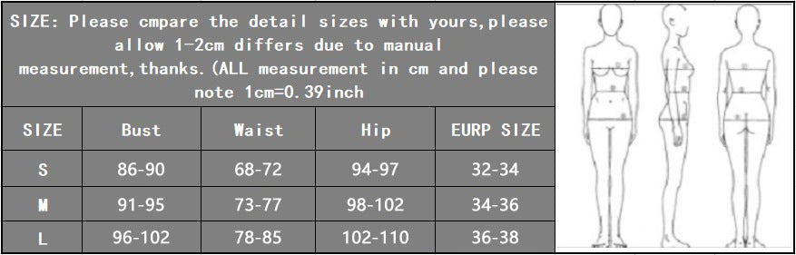 Size chart with bust, waist, and hip measurements in centimeters and a visual of body shapes for reference.
