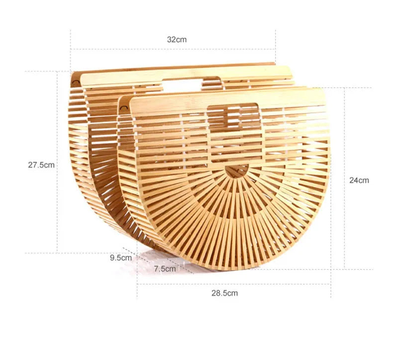 Woven handbag with dimensions labeled on a white background