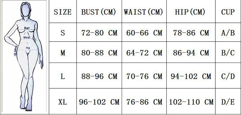 Size chart for women's clothing with measurements in bust, waist, and hip dimensions.