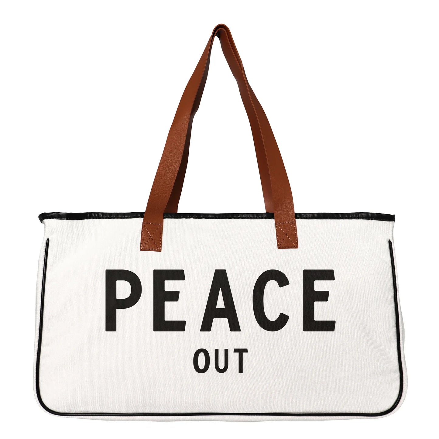 White tote bag with 'PEACE OUT' text and brown handles on a white background