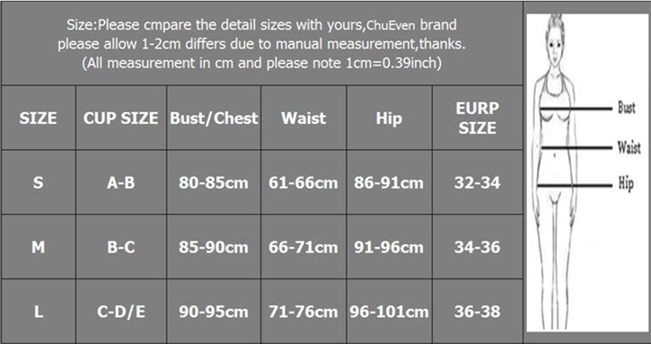 Size chart for clothing with measurements in centimeters and a diagram of a person.