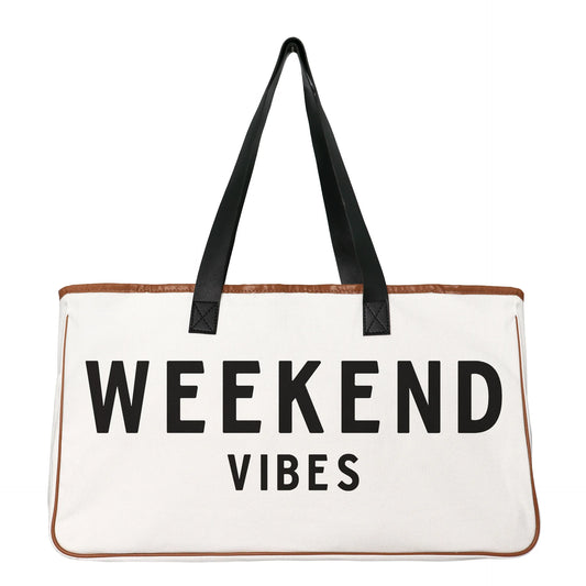 White tote bag with 'Weekend Vibes' text and black handles on a white background