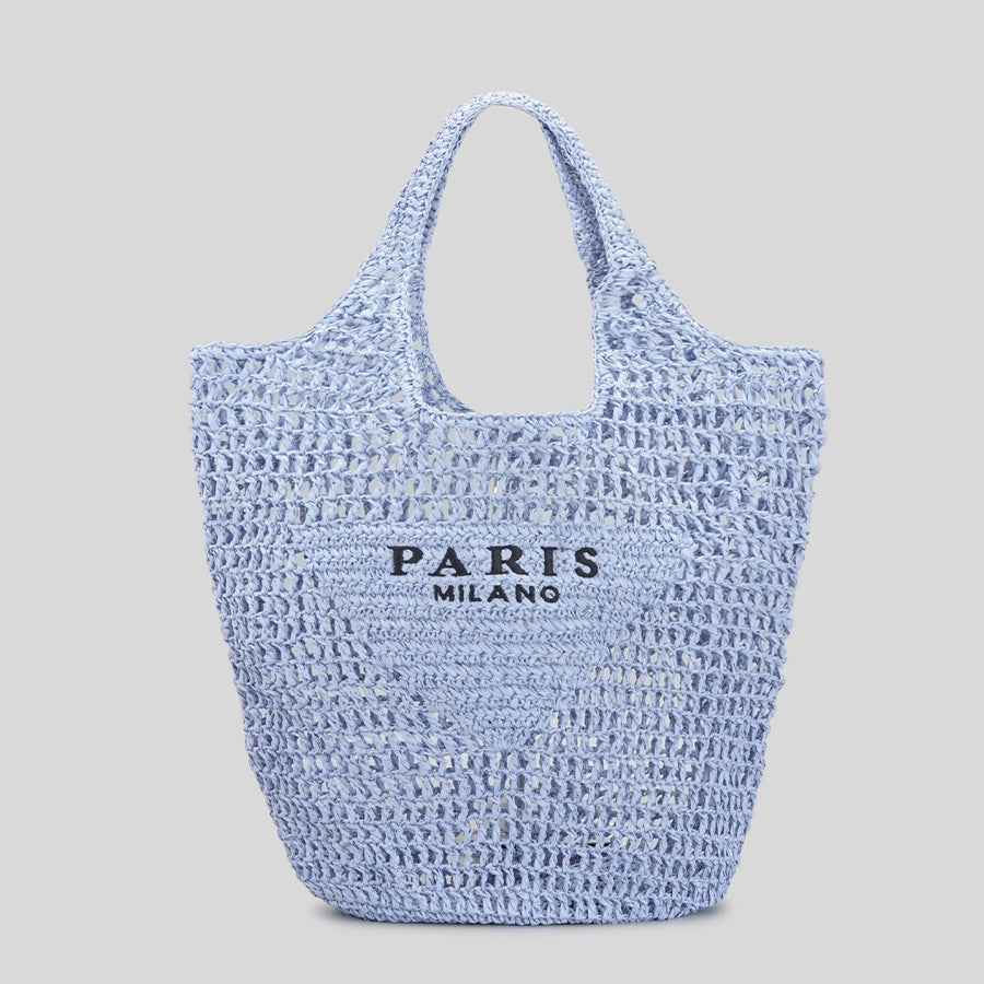 Woven tote bag with 'Paris Milano' text on a light gray background