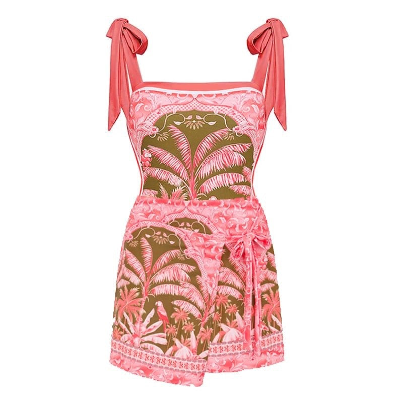 Coral bikini set with floral pattern on a white background