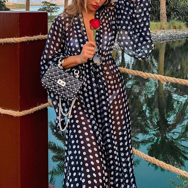 Polka dot swimsuit cover-up robe sold at PeachyBeanz.