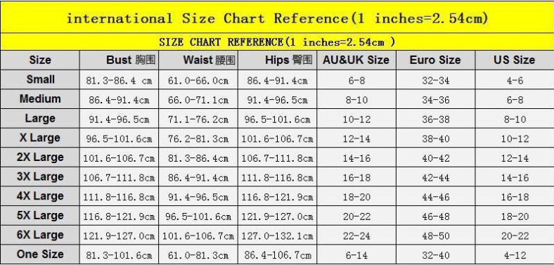 Size chart reference with international measurements in inches and centimeters
